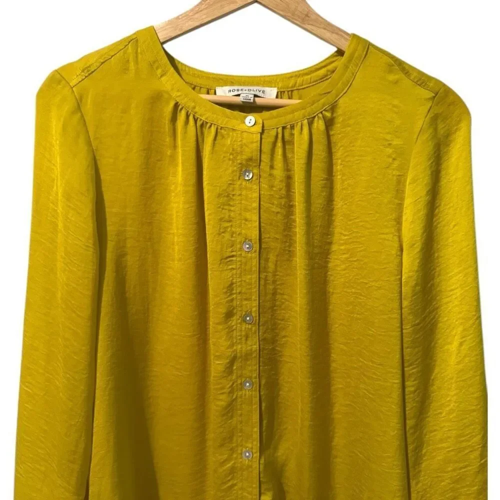 Rose & Olive Women's Yellow Long Sleeve Button Down Tunic Blouse Satin Size Medi